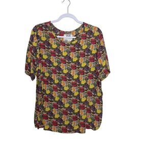 FLAX Linen Pumpkin Print Short Sleeve‎ Blouse Women S Yellow Multi Lagenlook